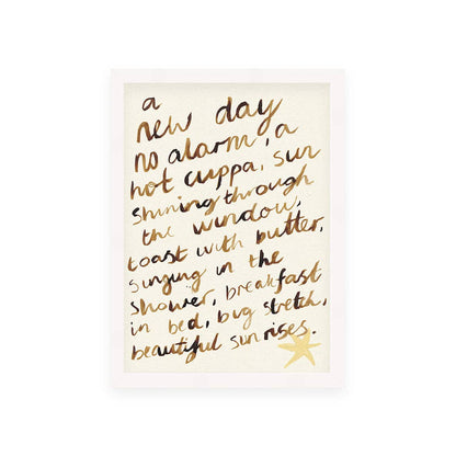 Textual artwork with gold handwriting on a white background