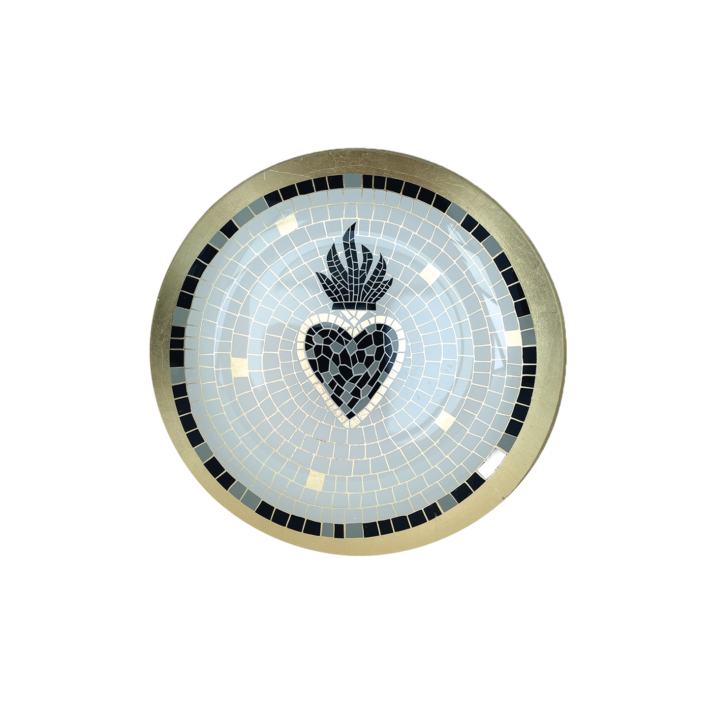 A round mosaic decorative plate featuring a central black heart with a flame motif above it, surrounded by a light blue mosaic field and a gold-toned outer border with black accents.