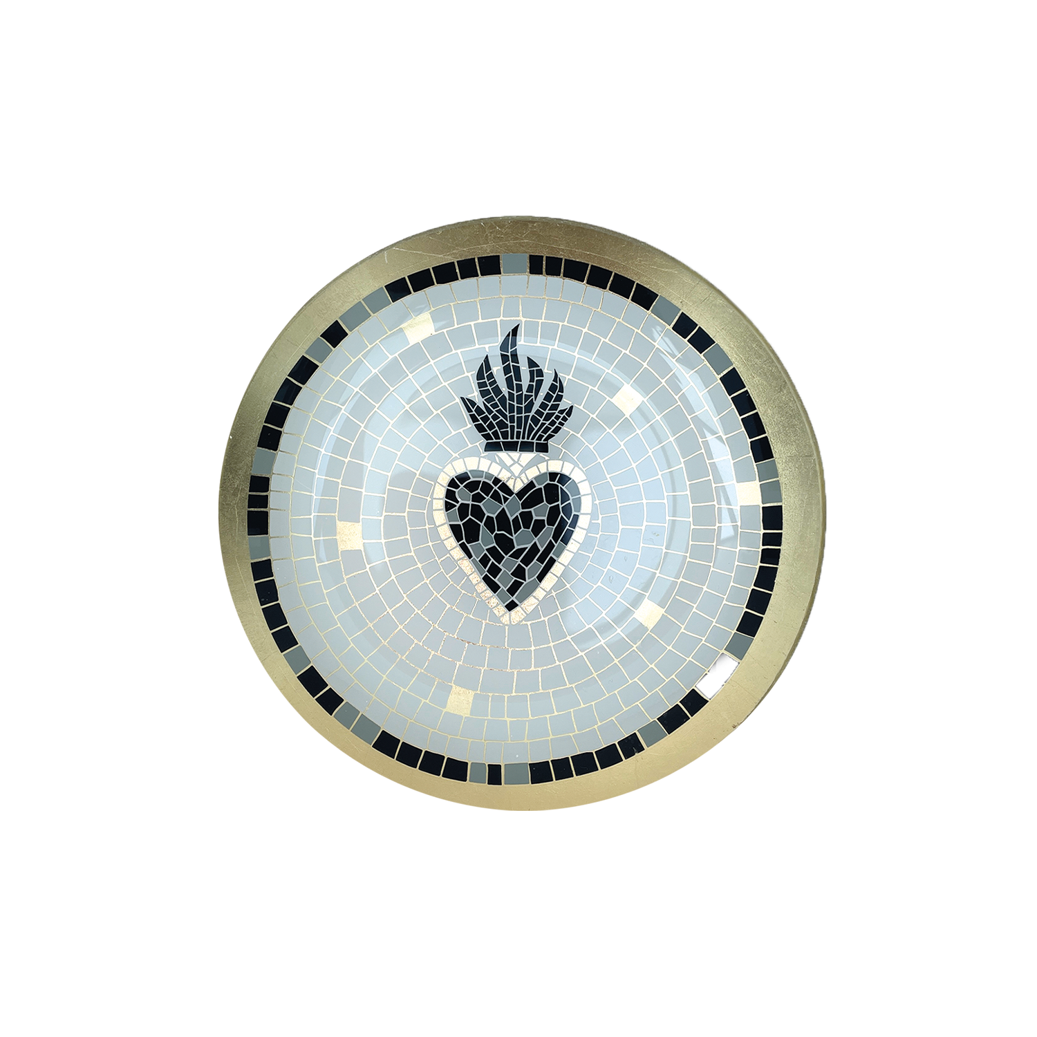 A round mosaic decorative plate featuring a central black heart with a flame motif above it, surrounded by a light blue mosaic field and a gold-toned outer border with black accents.