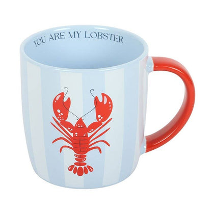 Mug with red lobster design and 'You are my lobster' text on a light blue background