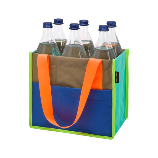 Multicolored tote bag with orange handles carrying six bottles on a white background