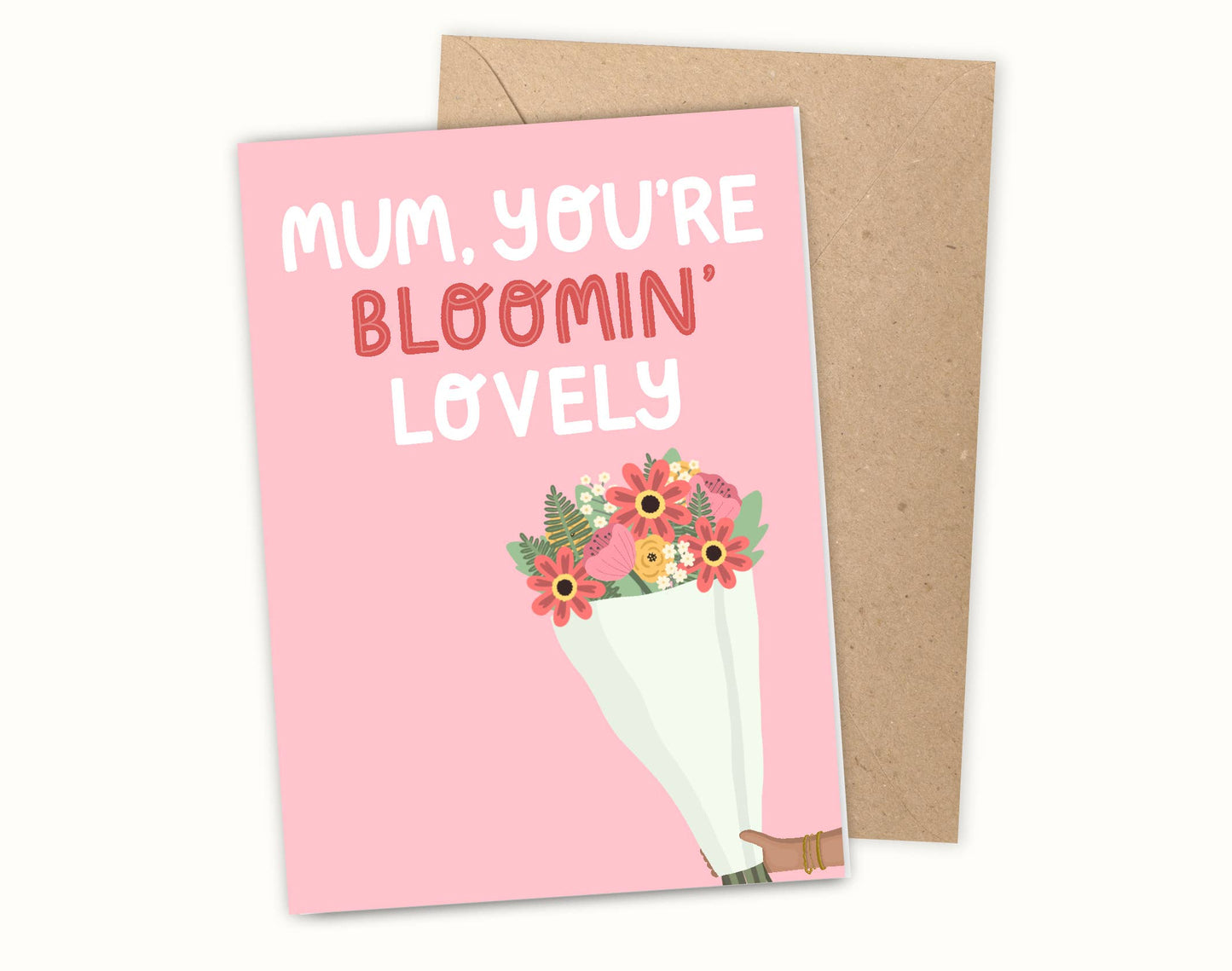 Greeting card with 'Mum, you're bloomin' lovely' text and floral illustration on pink background