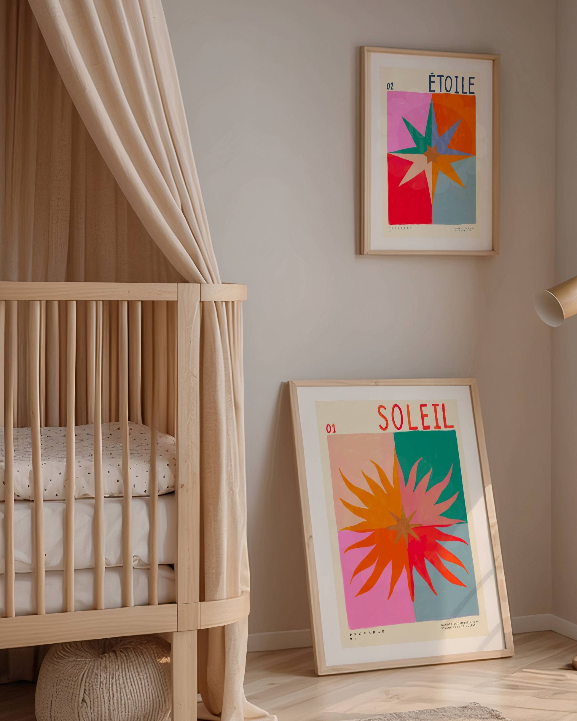Nursery room with wooden crib, beige curtains, and colorful wall art.