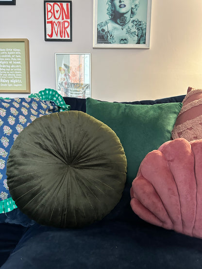 Velvet Round Cushion | Olive Green Home Accent