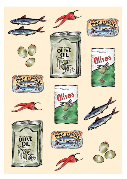 Mediterranean Olive & Sardine Print | Quirky Kitchen Wall Art