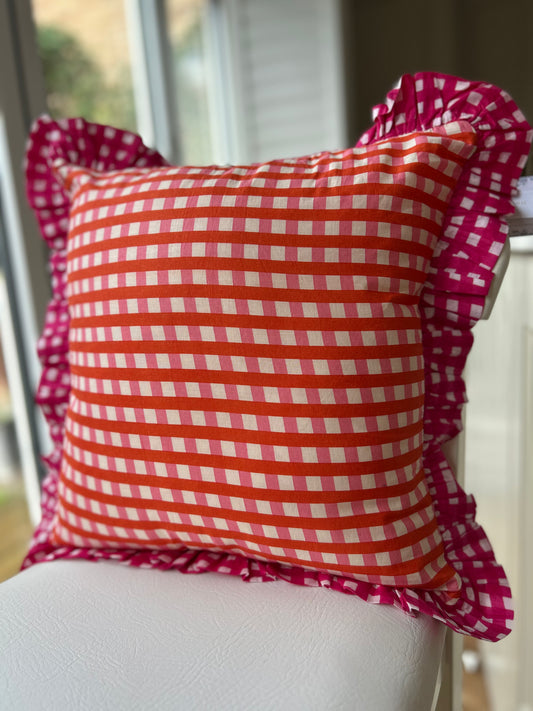 Fuchsia Pink & Orange Gingham Frill Cushion Cover 18" | Reversible Cotton Cover