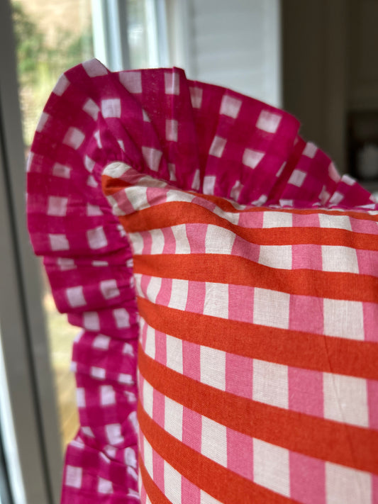 Fuchsia Pink & Orange Gingham Frill Cushion Cover 18" | Reversible Cotton Cover