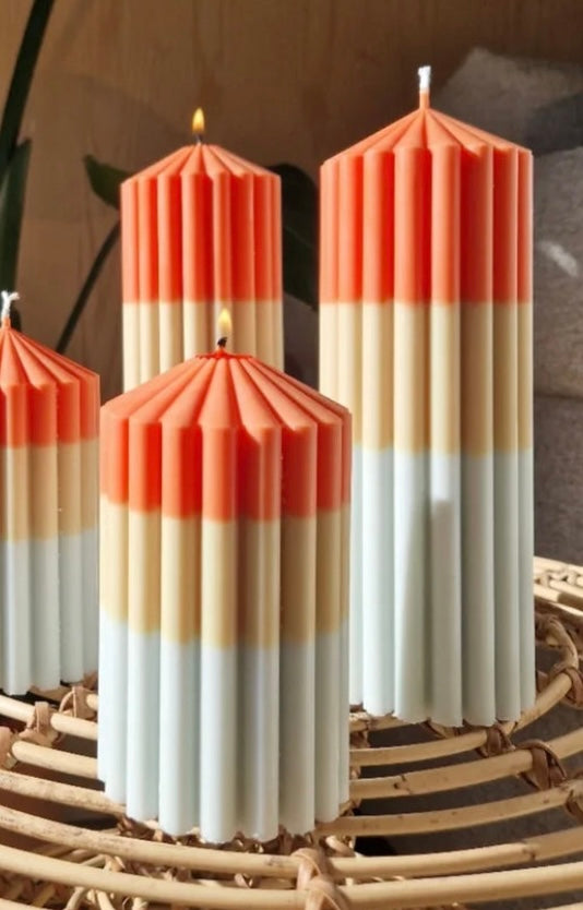 Medium Orange, blue & grey colour block candle - Florence | Handrafted ribbed candle