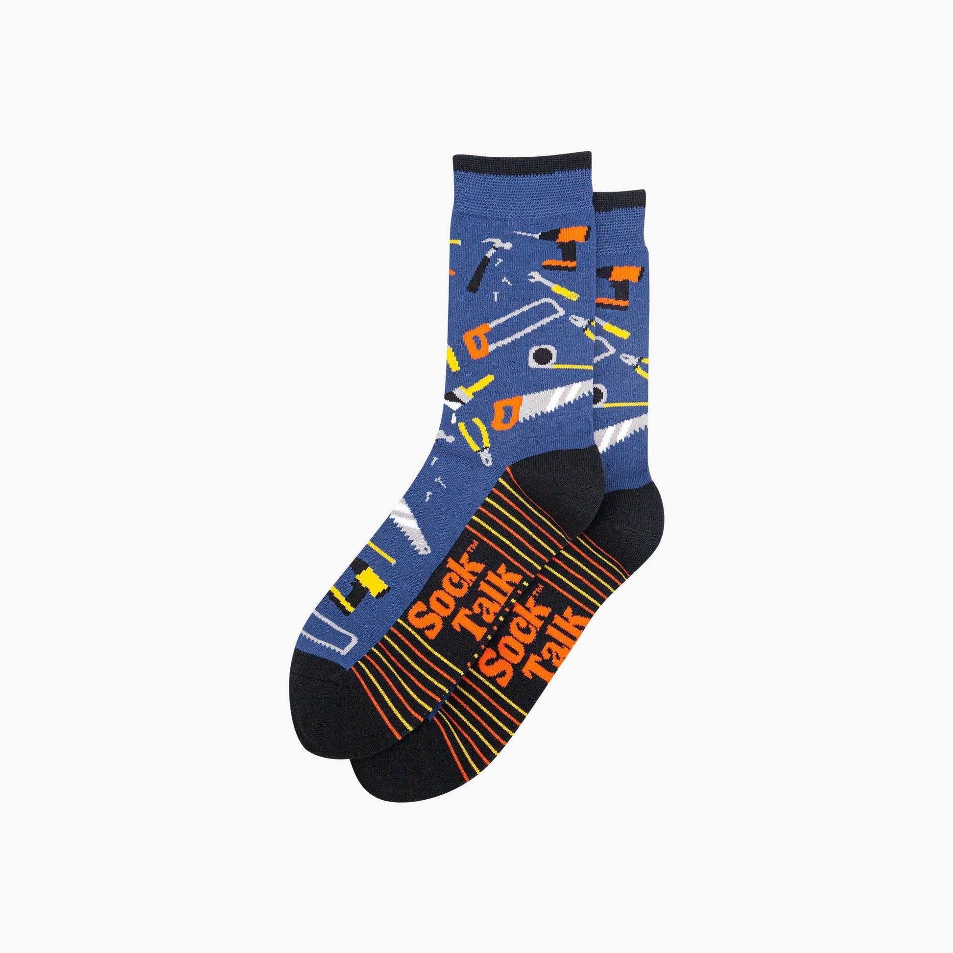 Pair of socks with tool pattern and 'Sock Talk' text on a white background