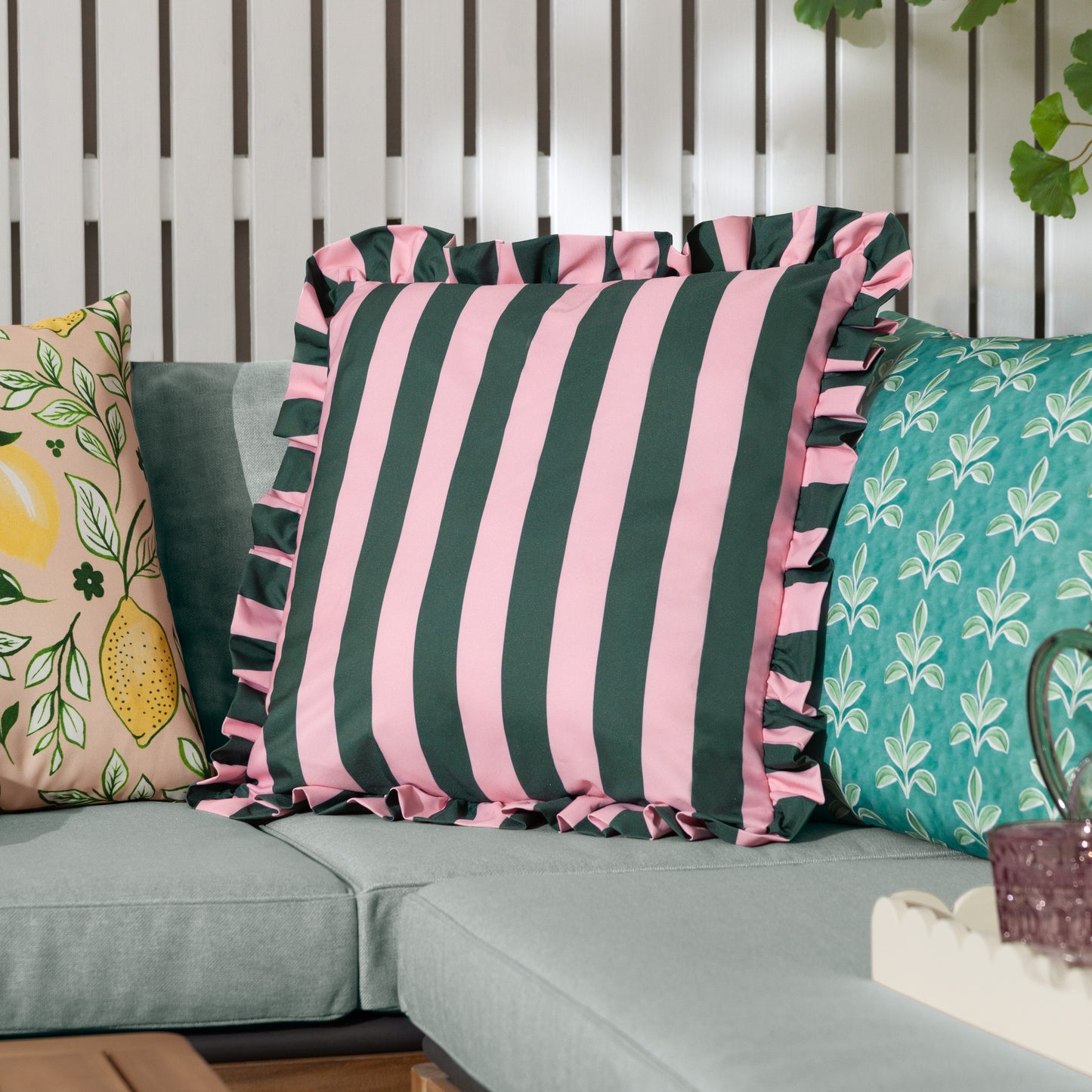 Palm Royale Outdoor Cushion 50x50cm | Pink & Green Stripe with Frill