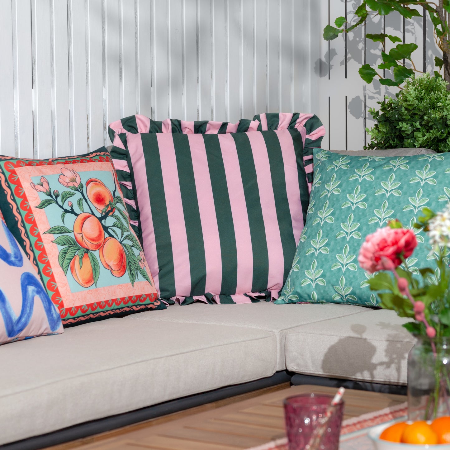 Palm Royale Outdoor Cushion 50x50cm | Pink & Green Stripe with Frill