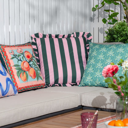 Palm Royale Outdoor Cushion 50x50cm | Pink & Green Stripe with Frill