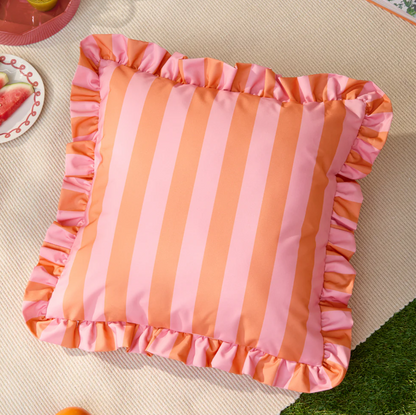 Palm Royale Outdoor Cushion 50x50cm | Pink & Orange Stripe with Frill