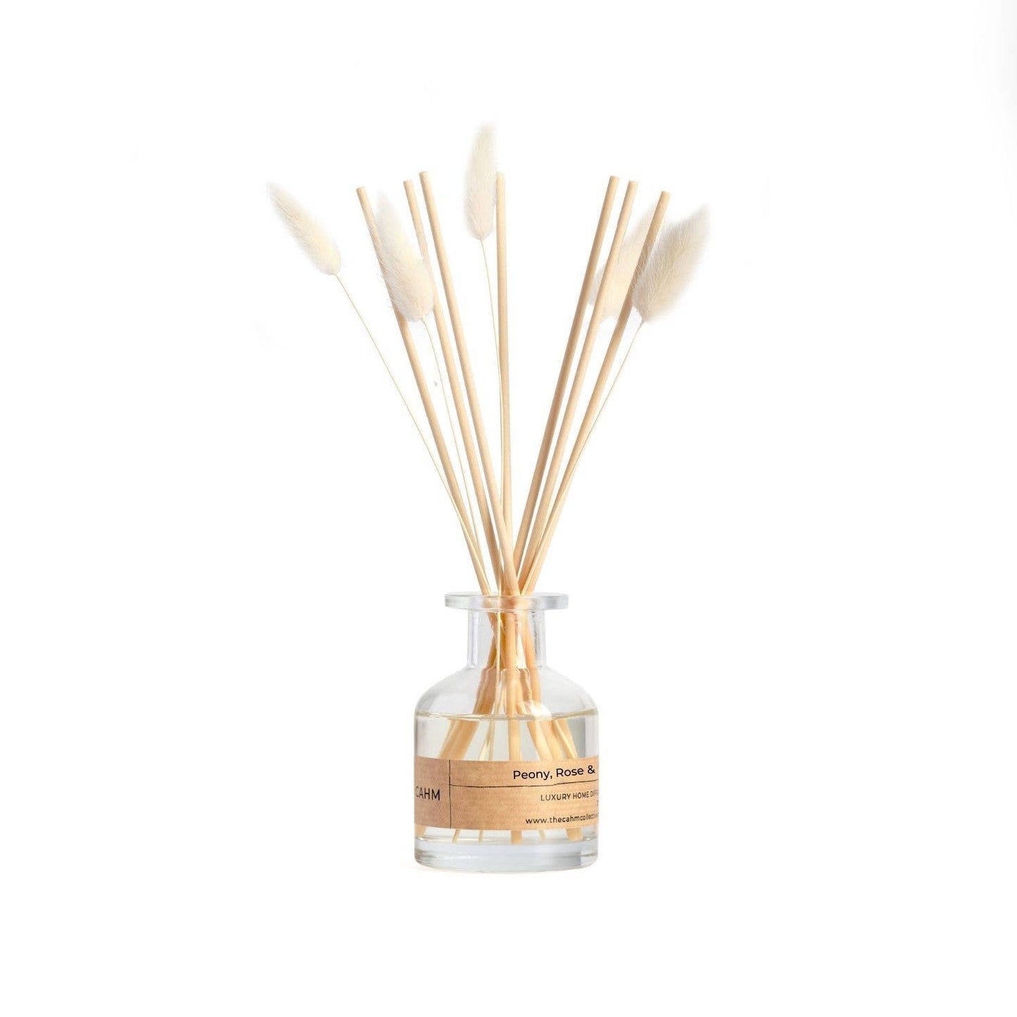 Diffuser with wooden sticks and a clear bottle on a white background