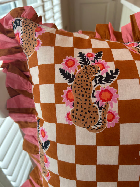 Pink & Orange Stripe Frill Check Leopard Cushion 18" | Reversible Cotton Decorative Cushion