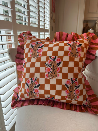 Pink & Orange Stripe Frill Check Leopard Cushion 18" | Reversible Cotton Decorative Cushion