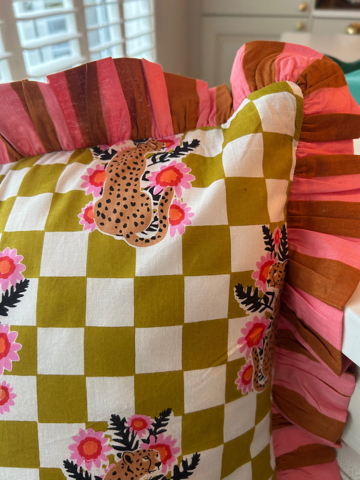 Pink, Orange & Green Check Stripe Frill Leopard Cushion 18" | Reversible Cotton Decorative Cushion