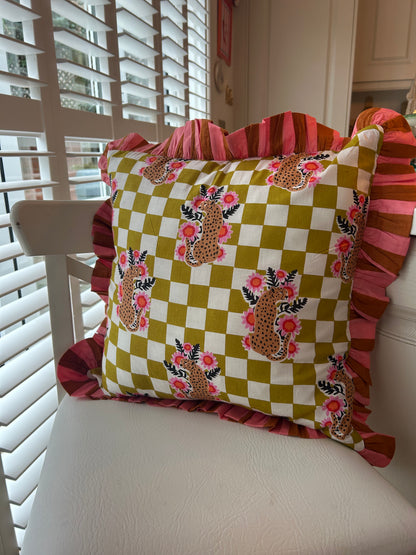Pink, Orange & Green Check Stripe Frill Leopard Cushion 18" | Reversible Cotton Decorative Cushion