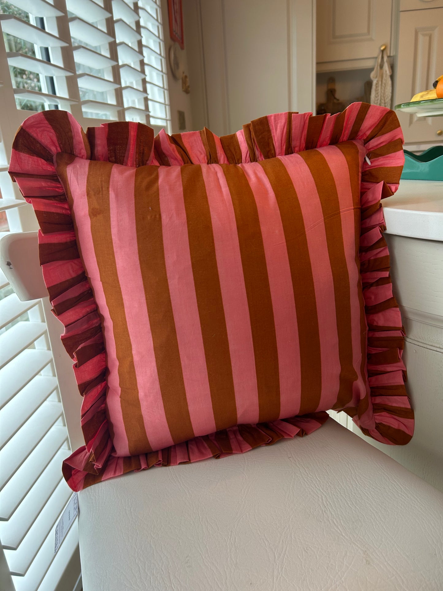 Pink, Orange & Green Check Stripe Frill Leopard Cushion 18" | Reversible Cotton Decorative Cushion