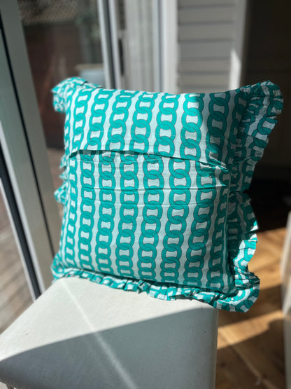 Pink floral cushion with turquoise chain frill | Handmade cushions