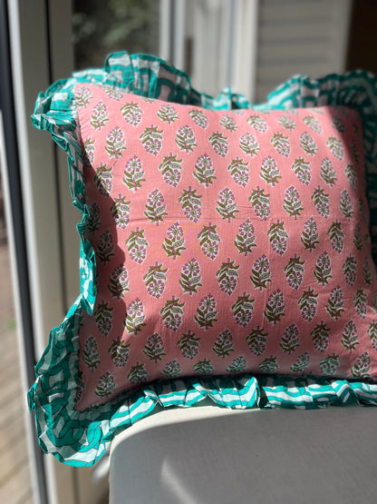 Pink floral cushion with turquoise chain frill | Handmade cushions