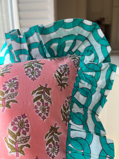 Pink floral cushion with turquoise chain frill | Handmade cushions