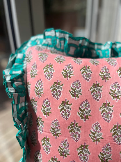 Pink floral cushion with turquoise chain frill | Handmade cushions