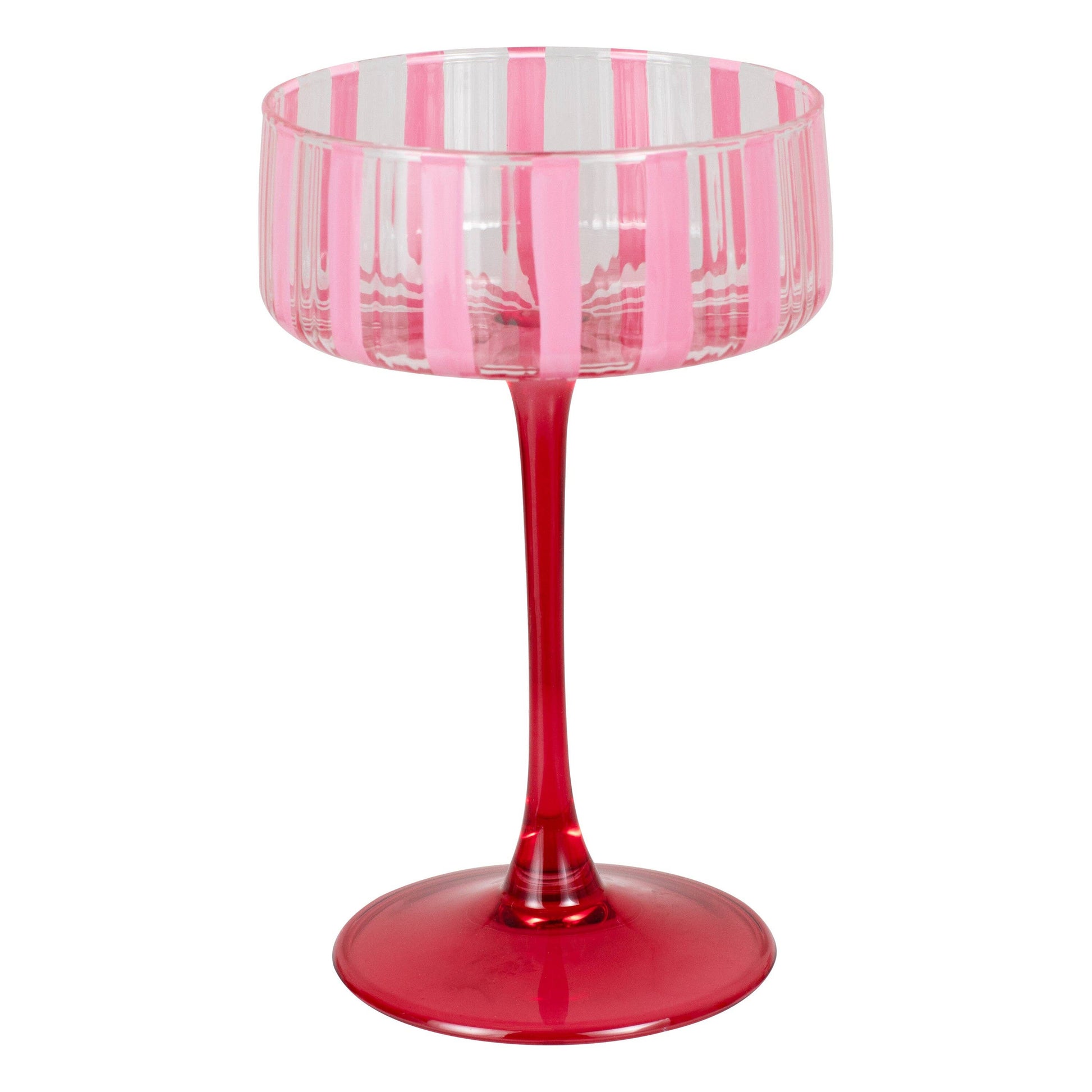 Glass with pink and white striped top and red base on a white background