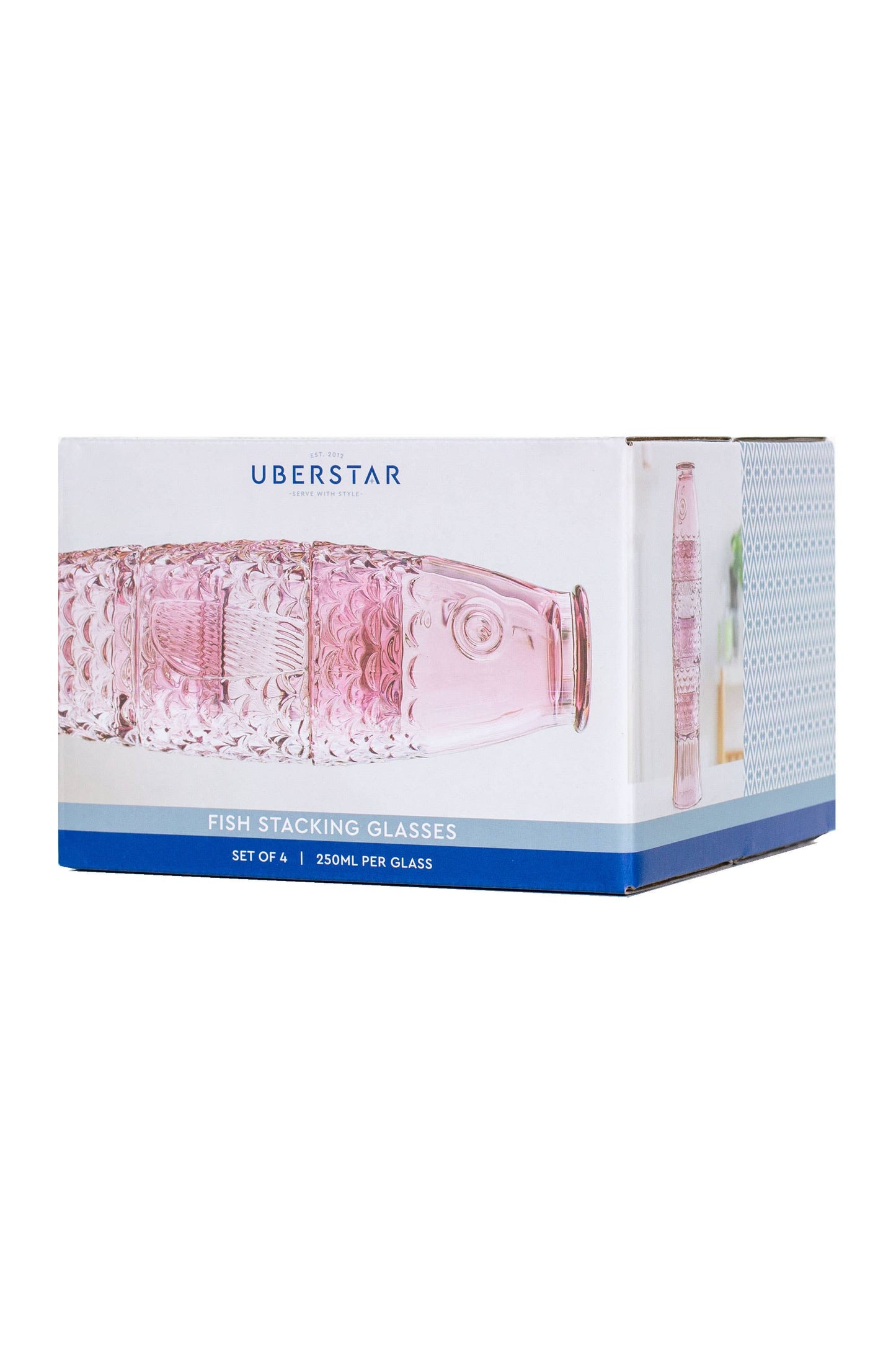 Box of Uberstar pink stacking glasses on a white background