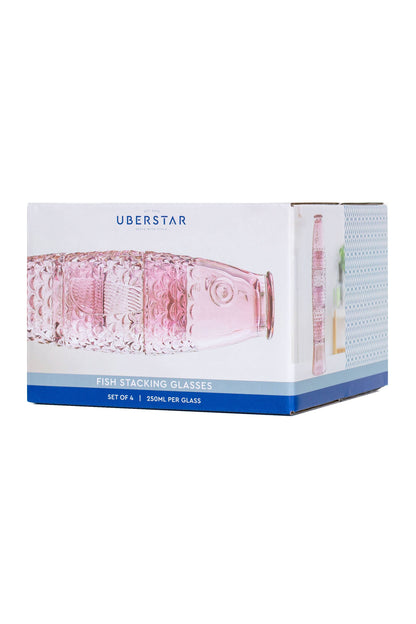 Box of Uberstar pink stacking glasses on a white background