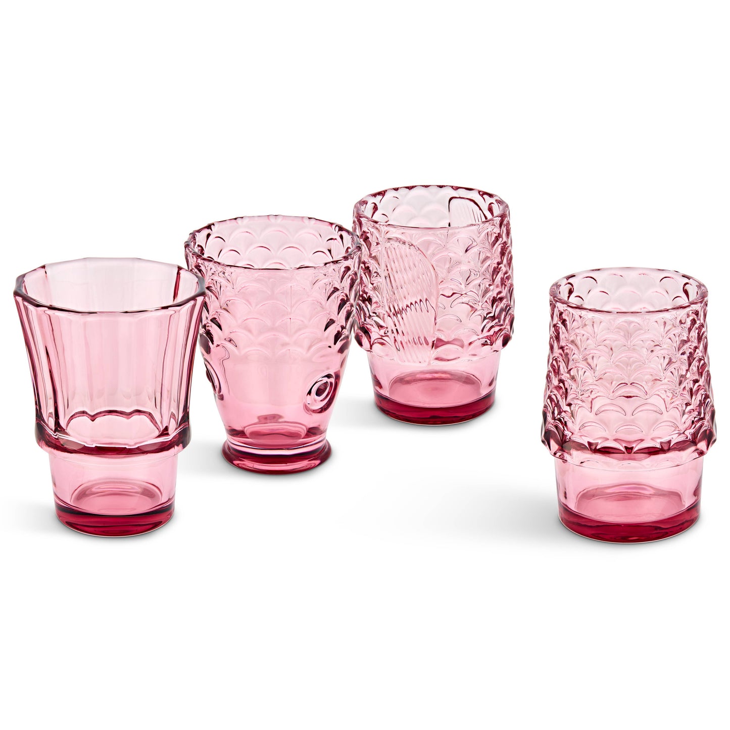 Set of four pink glass tumblers with textured fish design on a white background