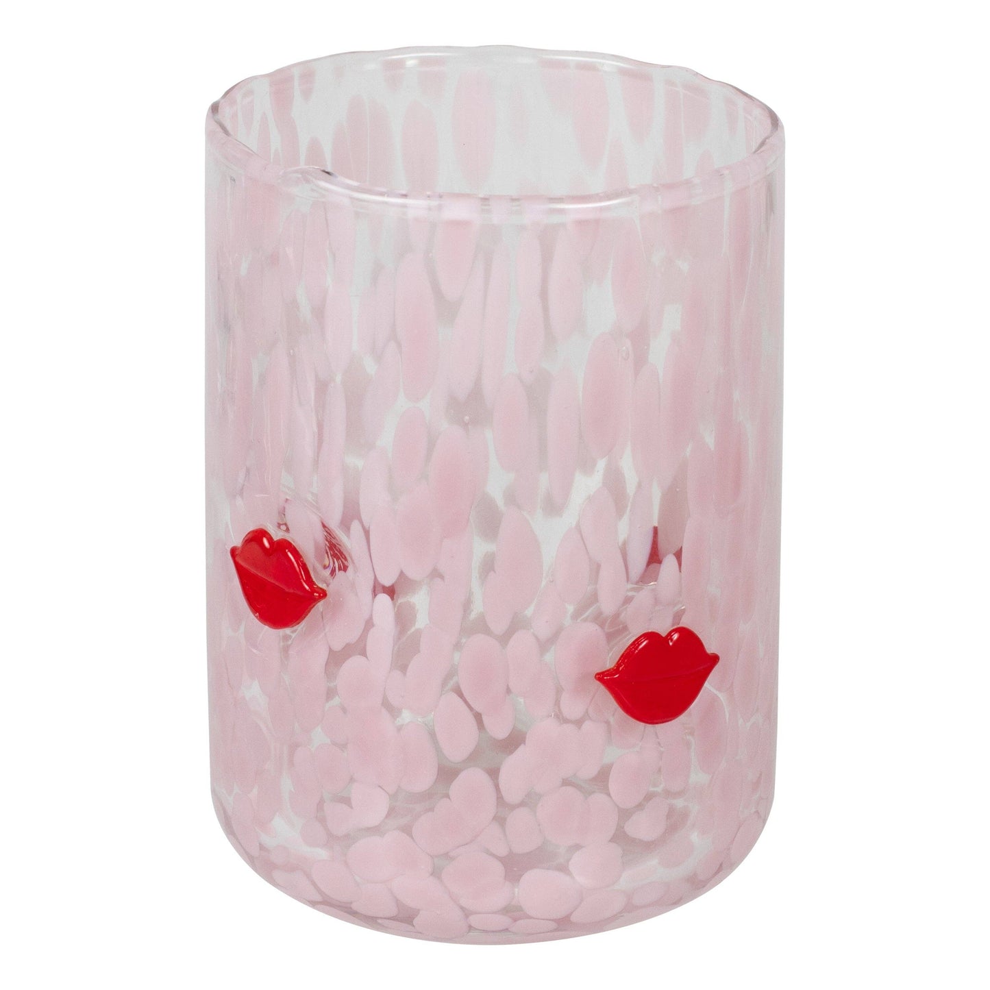 Pink marbled glass with red lip prints on a white background