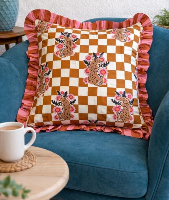 Pink & Orange Stripe Frill Check Leopard Cushion 18" | Reversible Cotton Decorative Cushion