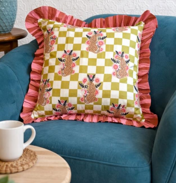Pink, Orange & Green Check Stripe Frill Leopard Cushion 18" | Reversible Cotton Decorative Cushion