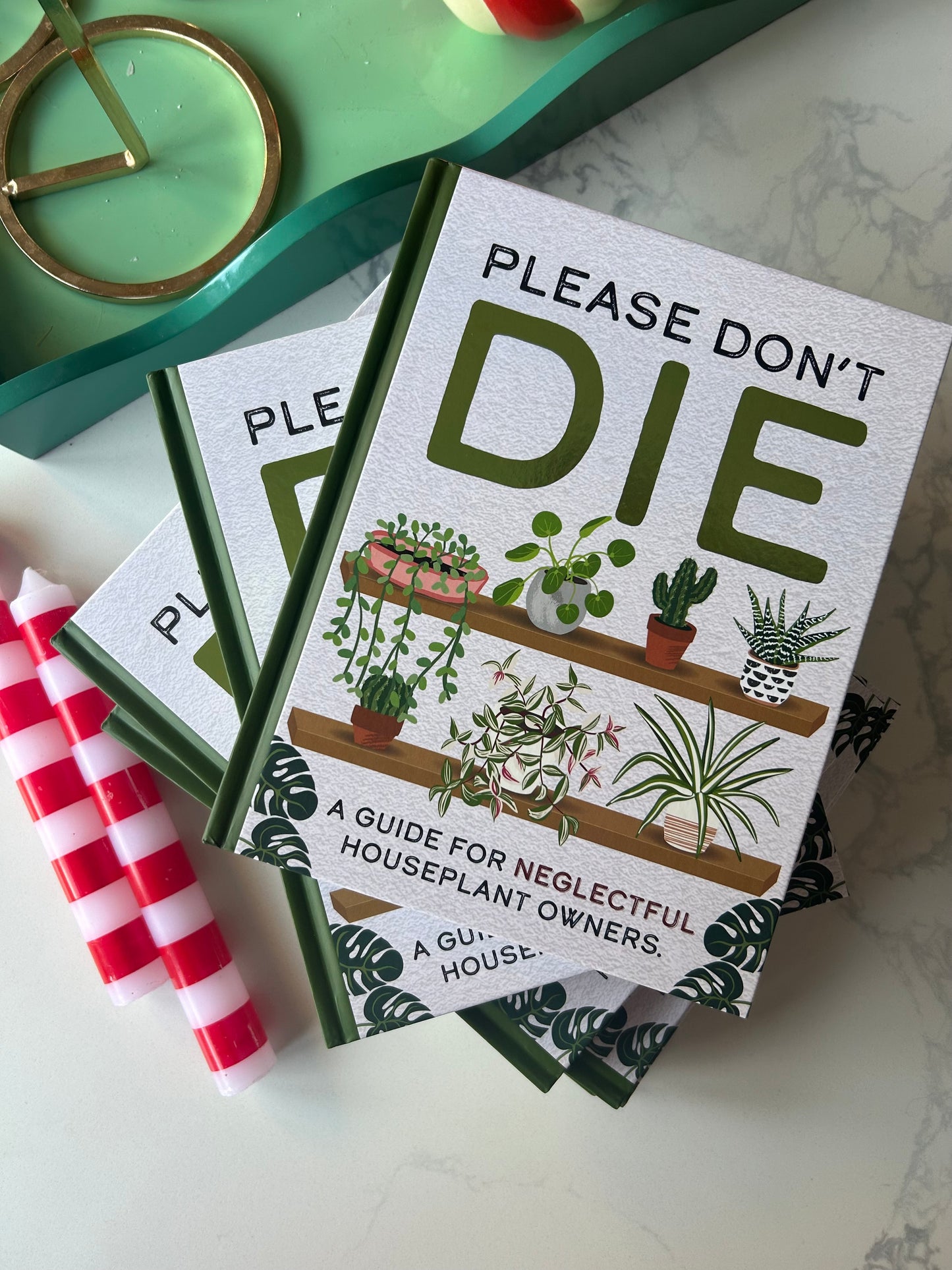 Book titled 'Please Don't Die' on a marble surface with candles and a clock in the background