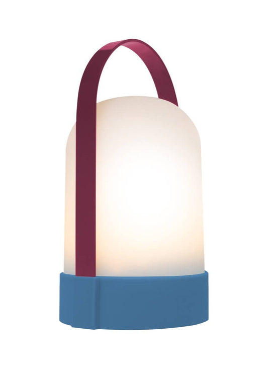 Portable lamp with a red handle and blue base on a white background