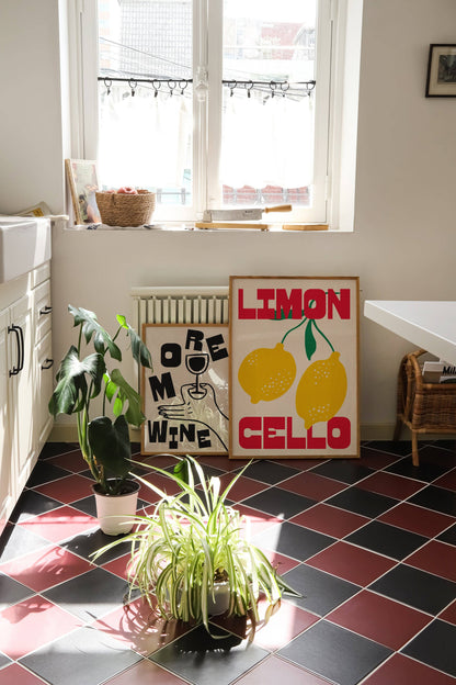 Room interior with plants, posters, and a radiator on a tiled floor.