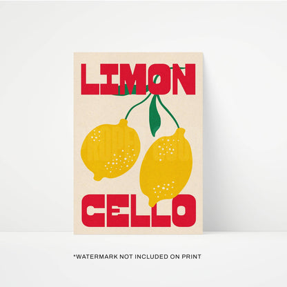Poster with lemons and 'Limon Cello' text on a beige background