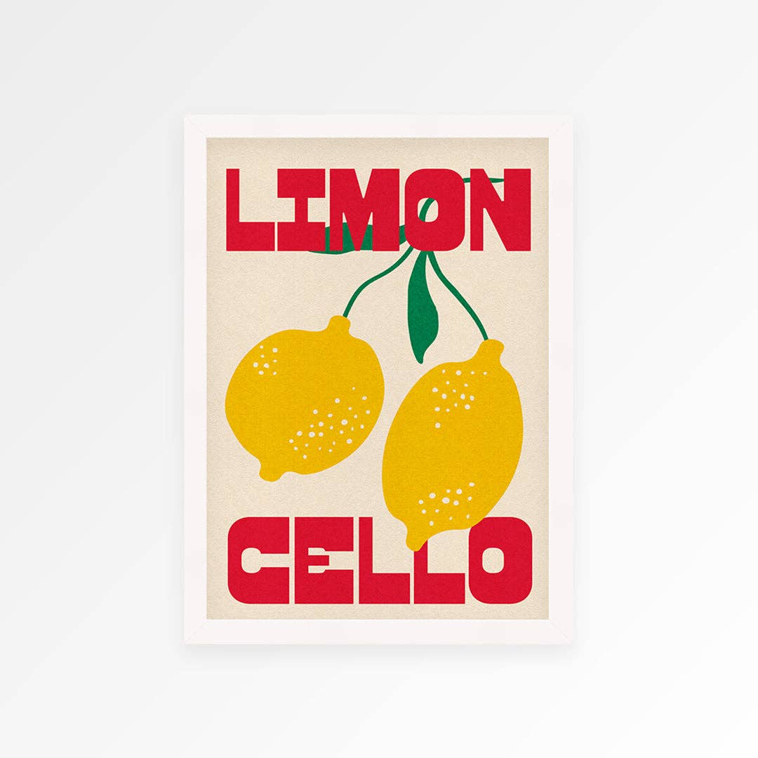 Poster with lemons and text 'Limon Cello' on a beige background