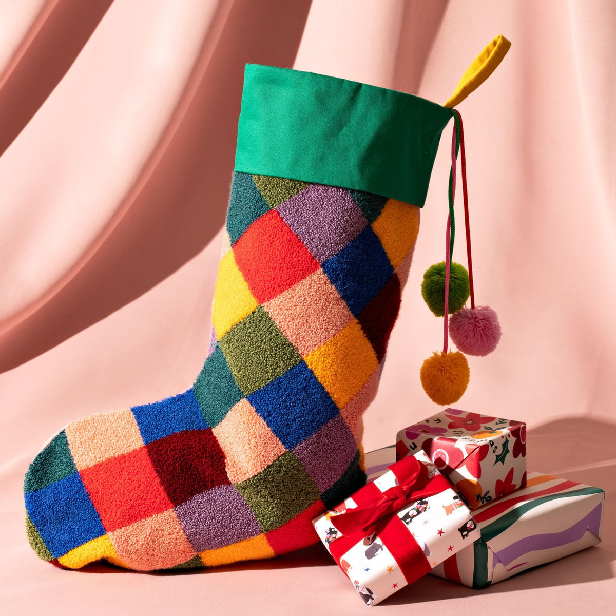 Raspberry Blossom Checkered Christmas Stocking | Boucle Harlequin Stocking with Pompoms