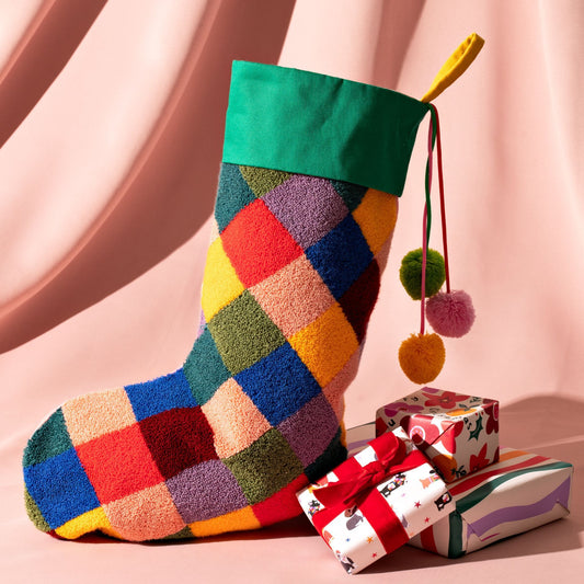Raspberry Blossom Checkered Christmas Stocking | Boucle Harlequin Stocking with Pompoms