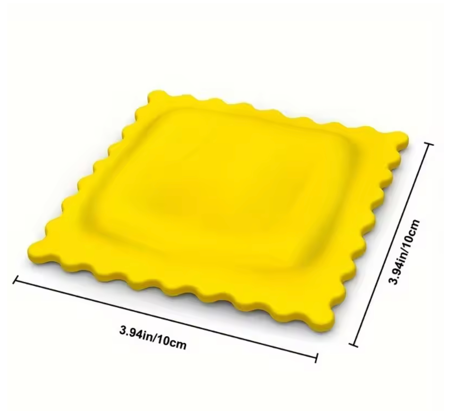 Ravioli shaped spoon rest with dimensions on a white background