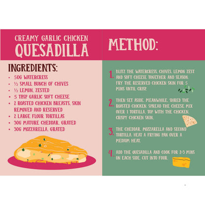 Recipe card for Creamy Garlic Chicken Quesadilla with ingredients and method on a pink and green background.