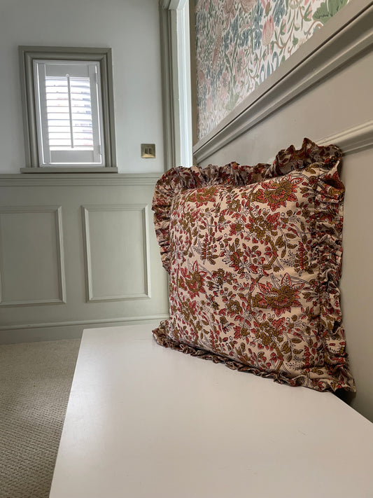 Red & Brown Rustic Floral Cushion with Matching Frill