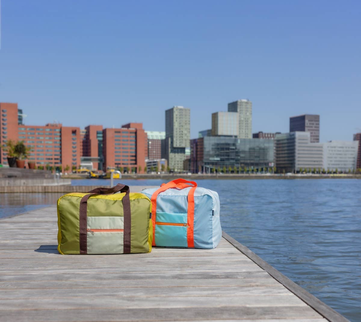 Two colorful bags on a dock with a city skyline in the background