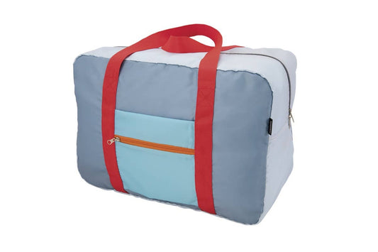 Foldable travel bag with red straps on a white background