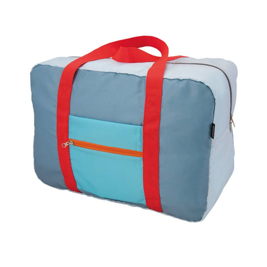 Multicolored bag with red handle and blue section on a white background