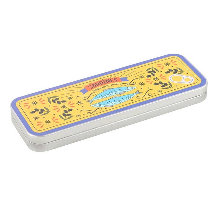 Sardine Bottle Opener tin with fish illustration on a white background