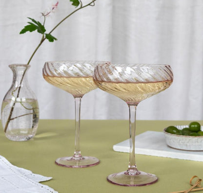 Scalloped Pastel Pink Coupe Glasses | Elegant Vintage-Inspired Glassware