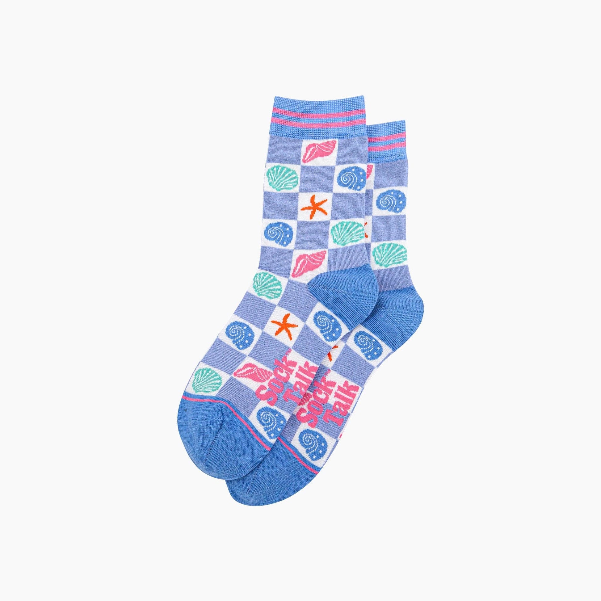 Pair of blue socks with shell and starfish pattern on a white background